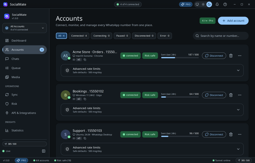 Each account shows its live connection state on the Accounts page.