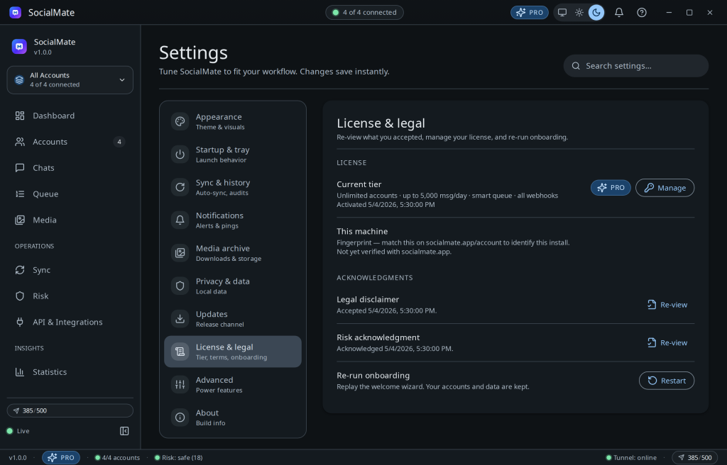 Settings → License — where activation happens and errors appear.