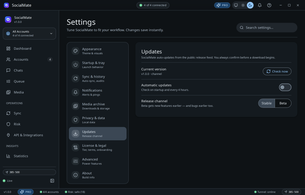 Settings → Updates — release channel and app controls.