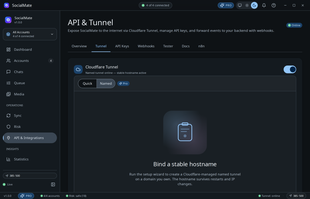 Tunnel status and controls — start, stop, and see the public URL.