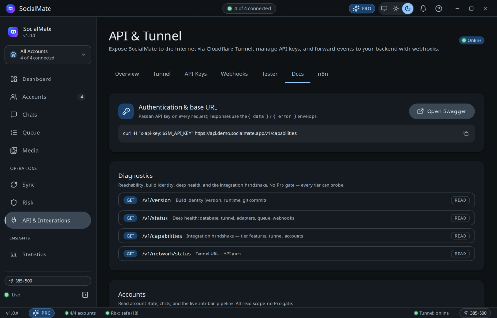 The in-app Docs tab — every endpoint, parameter, and example, always matching the version you're running.