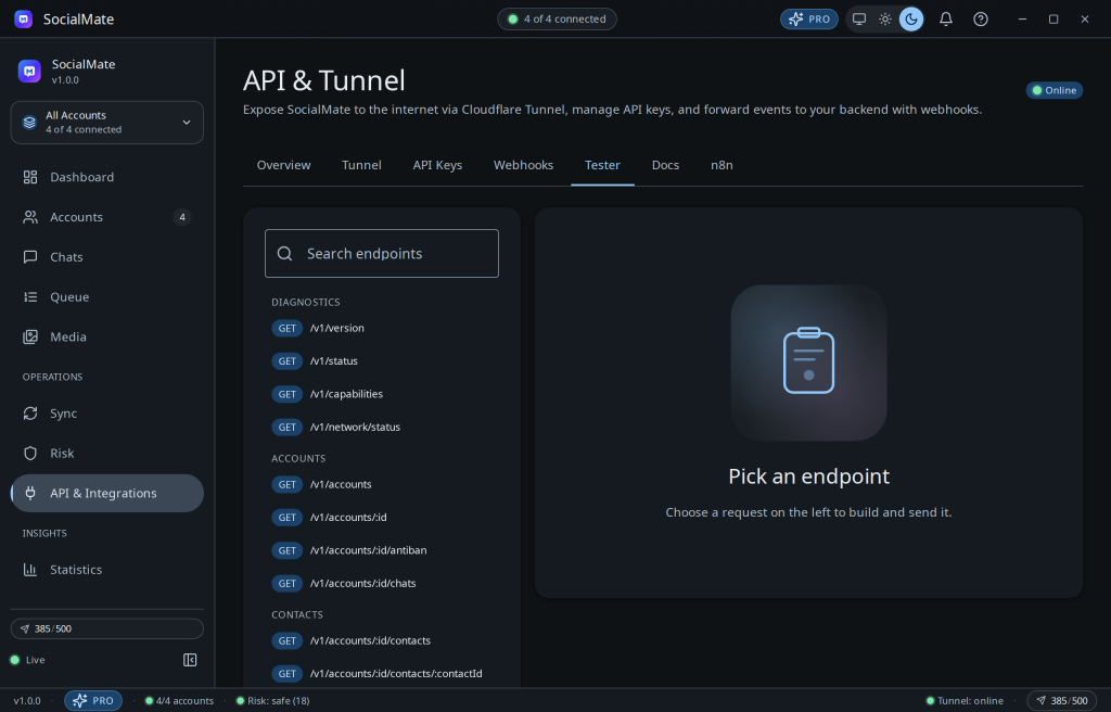 The in-app API tester — build a request, send it against your live server, and copy it as curl.