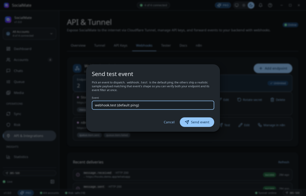 Send a test delivery and inspect the exact payload before you build against it.
