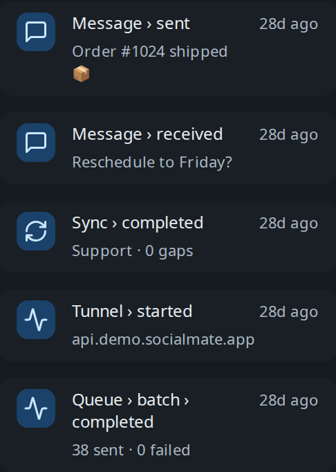 The activity feed — a transparent, running log of everything the server does.