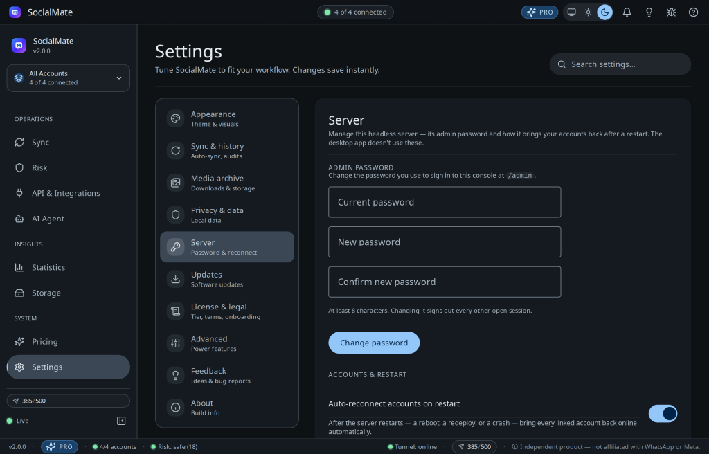 Settings → Server: change your admin console password right in the browser.
