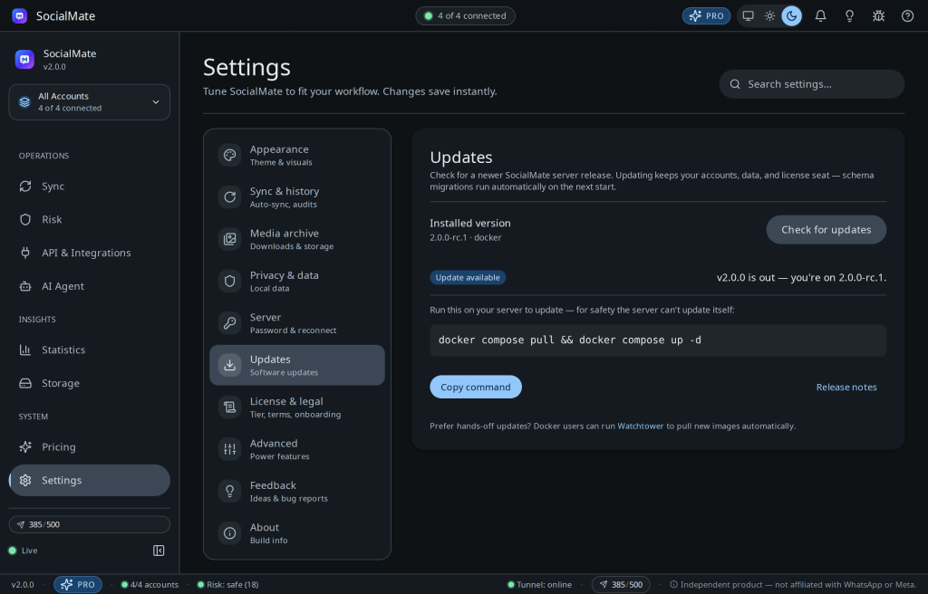 Settings → Updates in the console: it checks for a newer release and hands you the exact command to run on the host (with one-click copy).