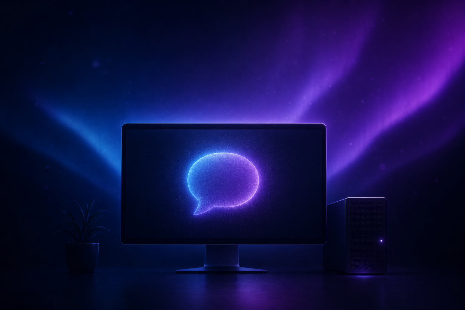 Glowing desktop screen icon with a chat bubble aura, symbolizing self-hosted WhatsApp automation without cloud dependencies