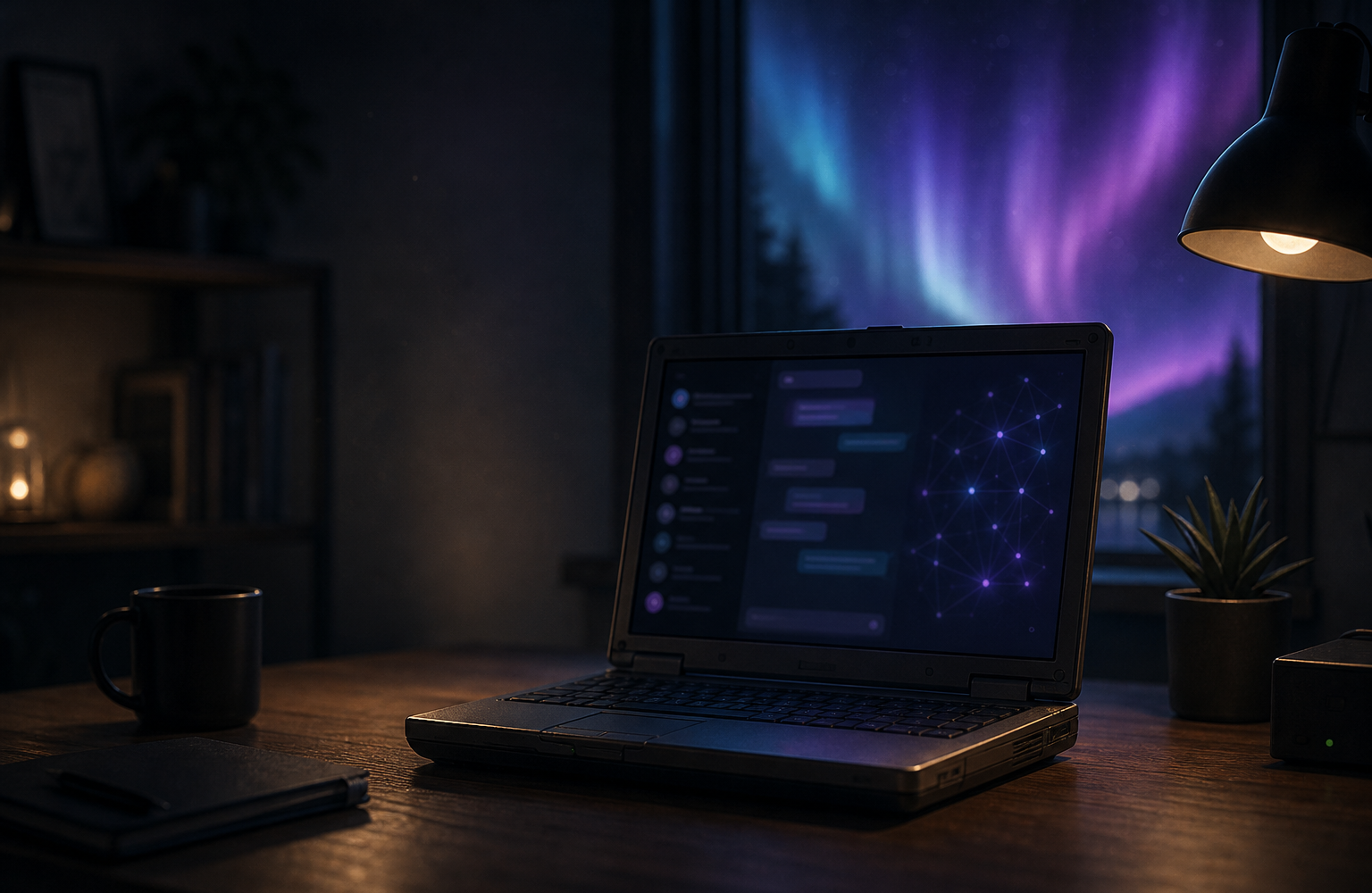 An old laptop repurposed as a WhatsApp automation server on a desk with a gentle purple‑blue glow
