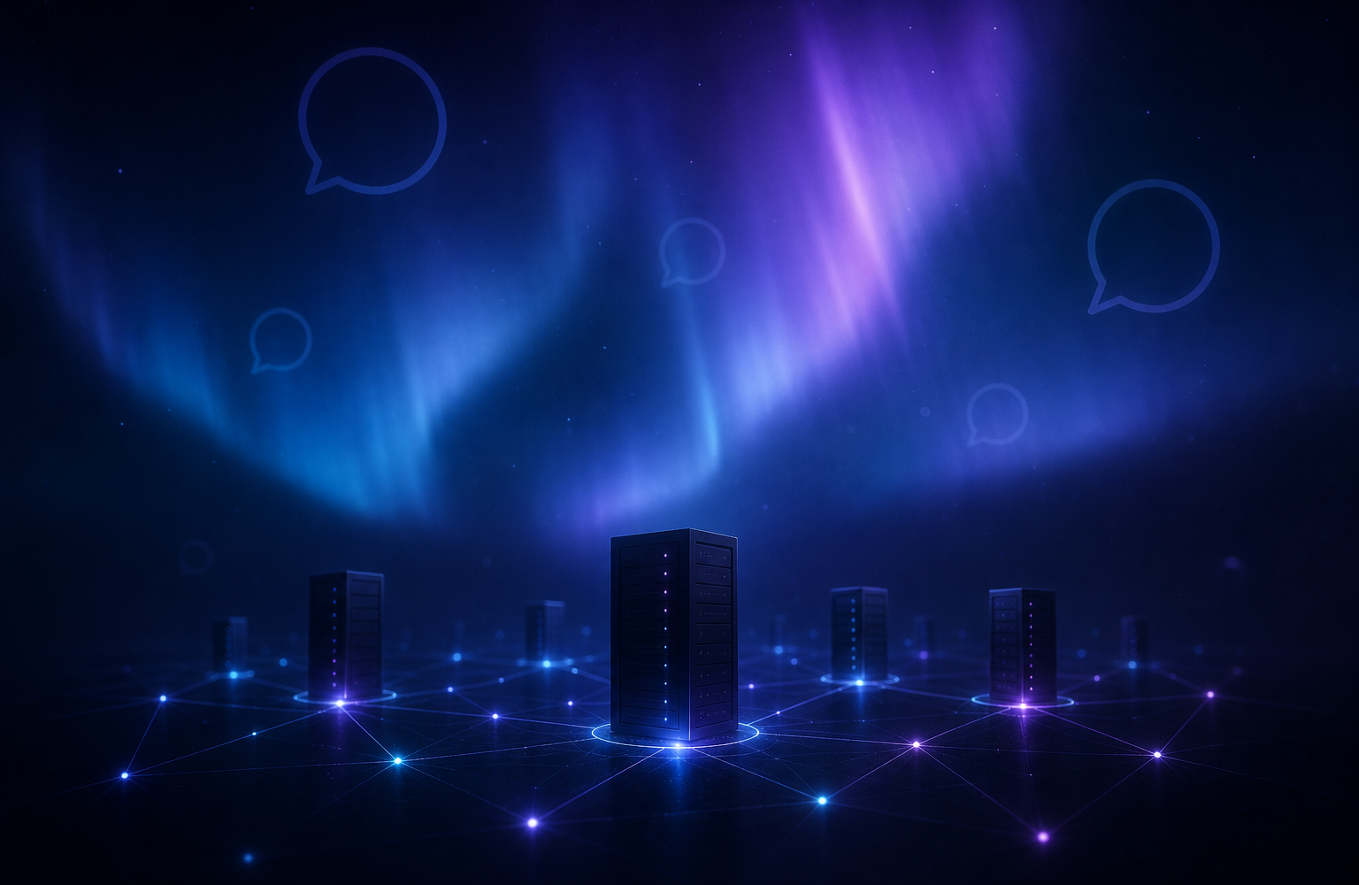 Abstract interconnected nodes and subtle chat bubble silhouettes on a dark gradient background, symbolizing self‑hosted
