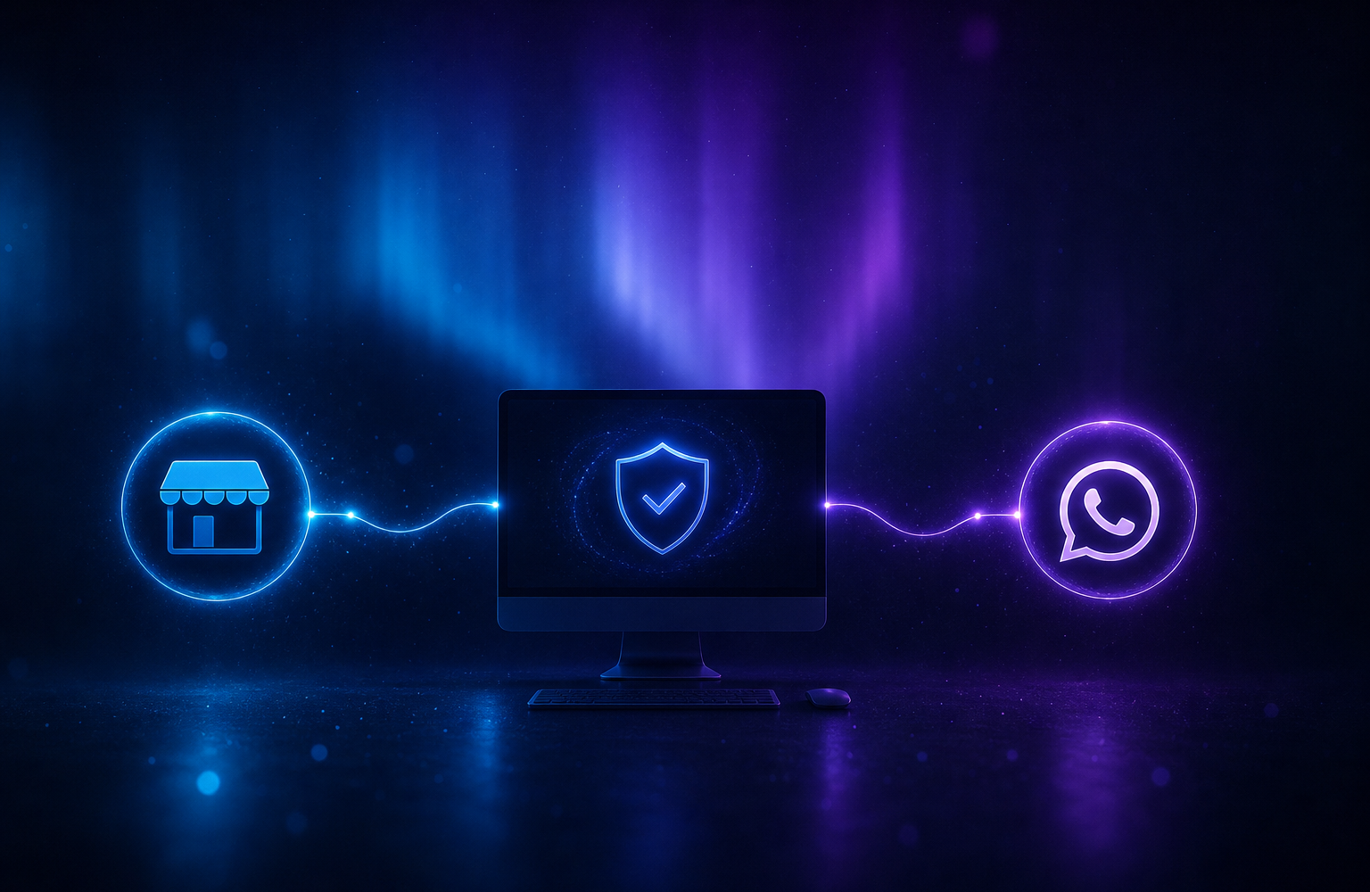 Shopify storefront and WhatsApp icons linked to a local desktop computer, representing self-hosted order notifications