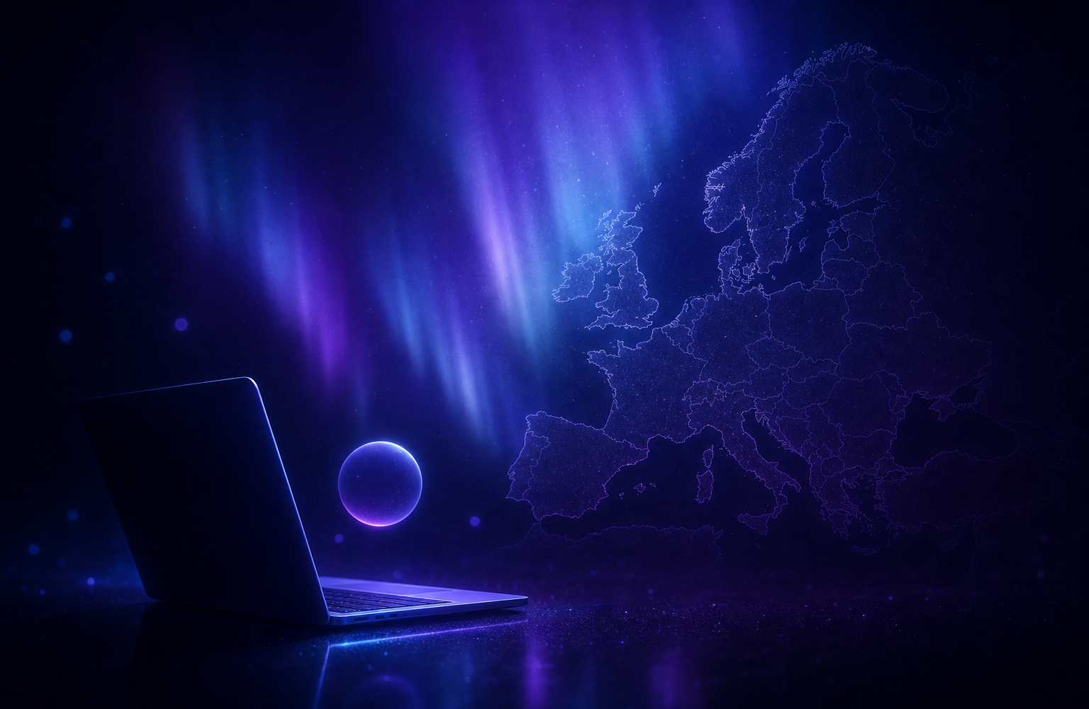 A laptop in a dark room showing a WhatsApp chat interface, with a subtle outline of Europe glowing on the screen