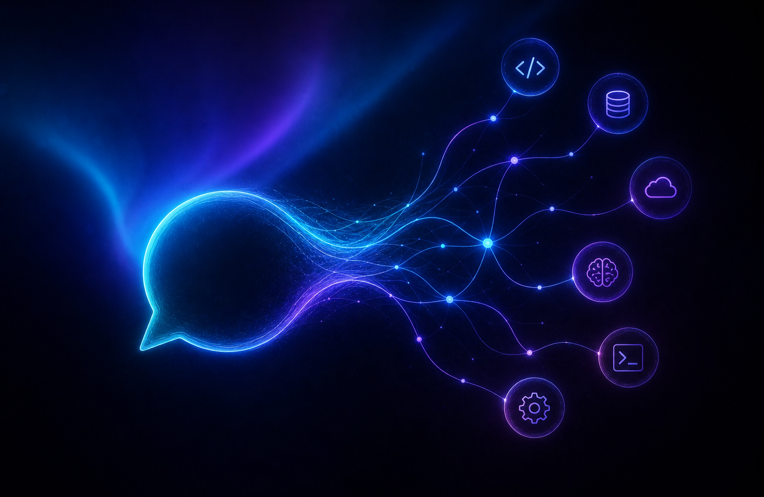 WhatsApp chat bubble branching into AI tool icons, representing a WhatsApp MCP server connection