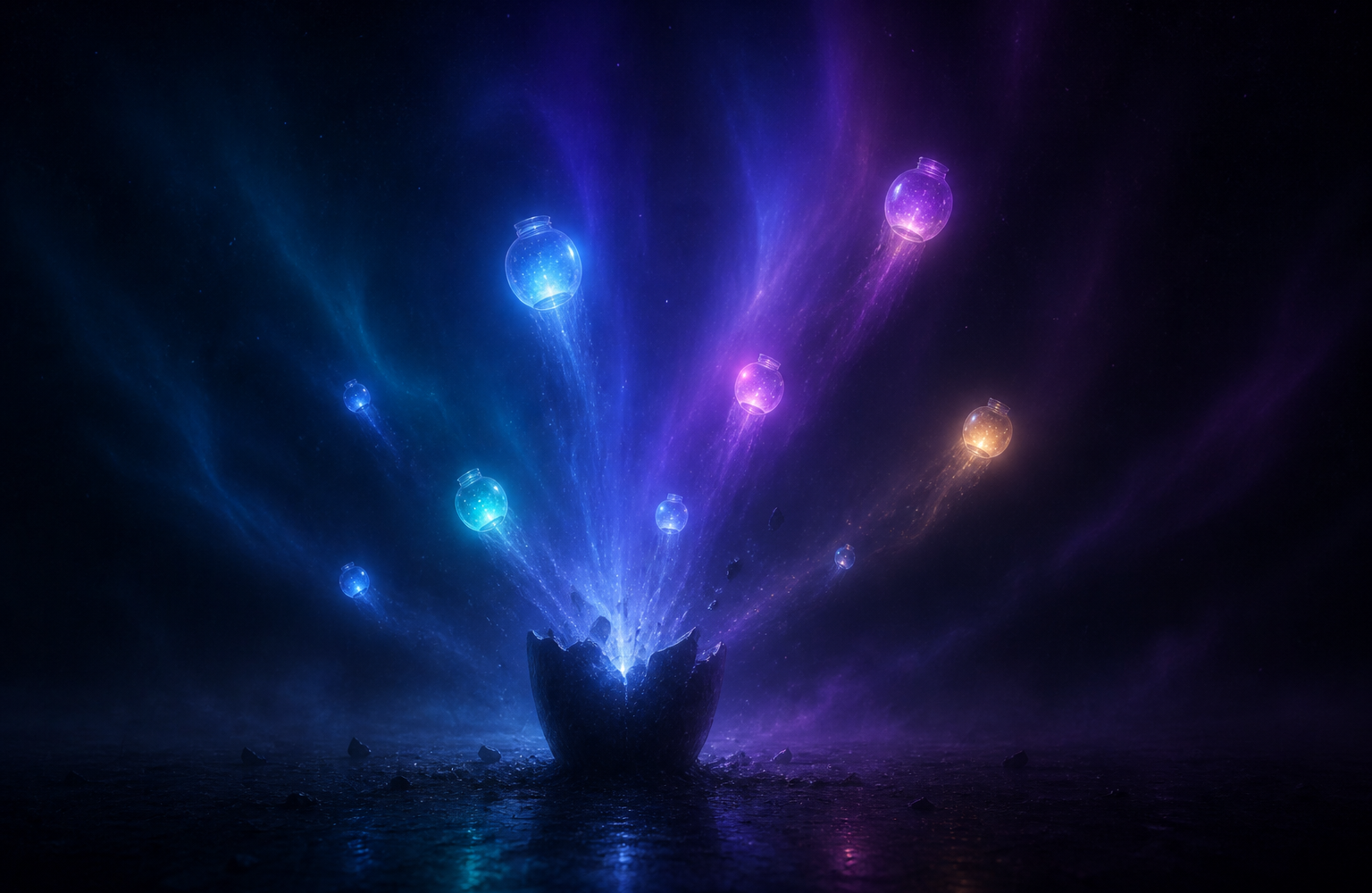 Glowing containers escaping a shared central bucket against a dark gradient