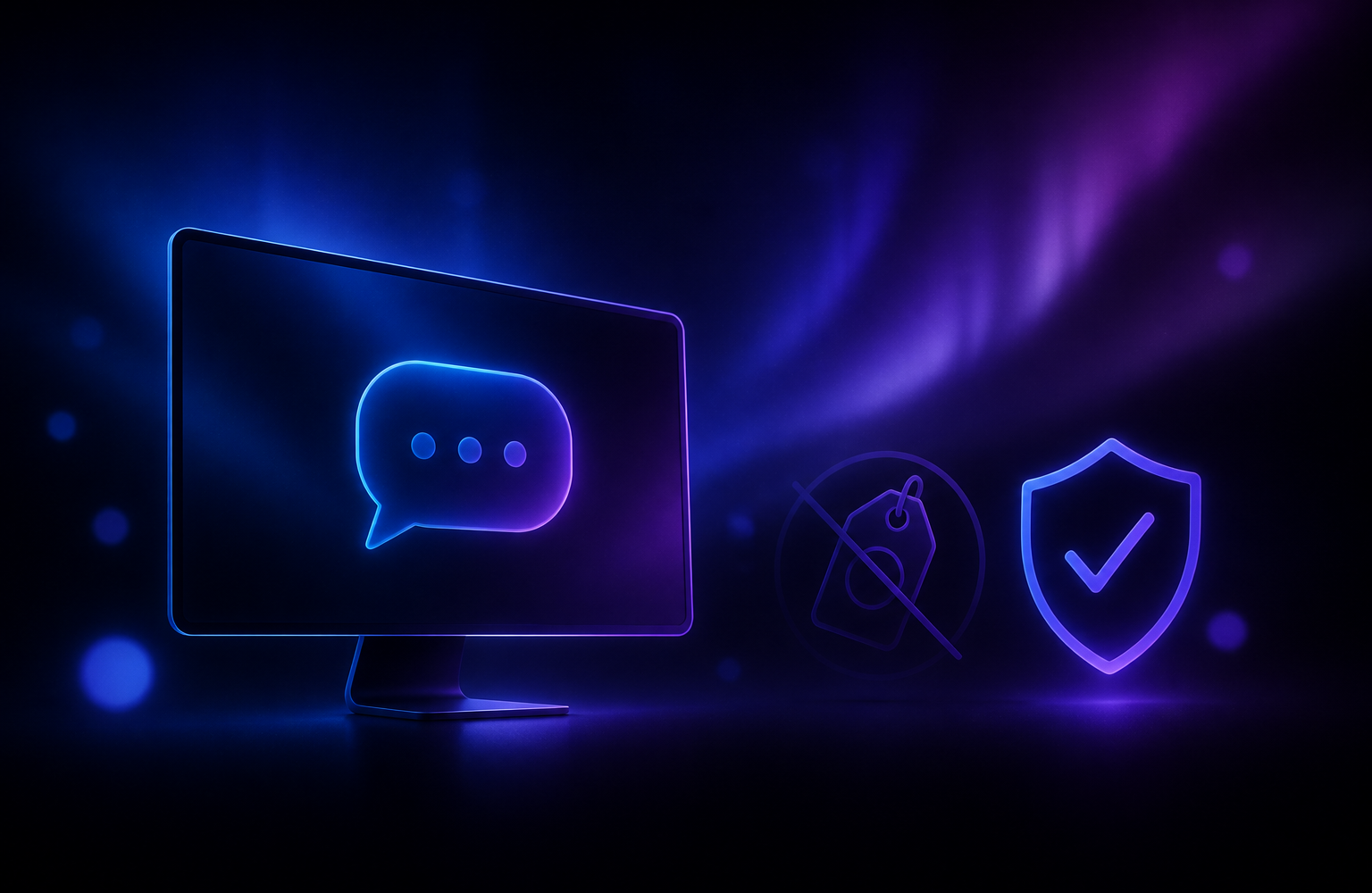 Dark aurora gradient background with a desktop monitor silhouette and a crossed-out price tag next to a chat bubble
