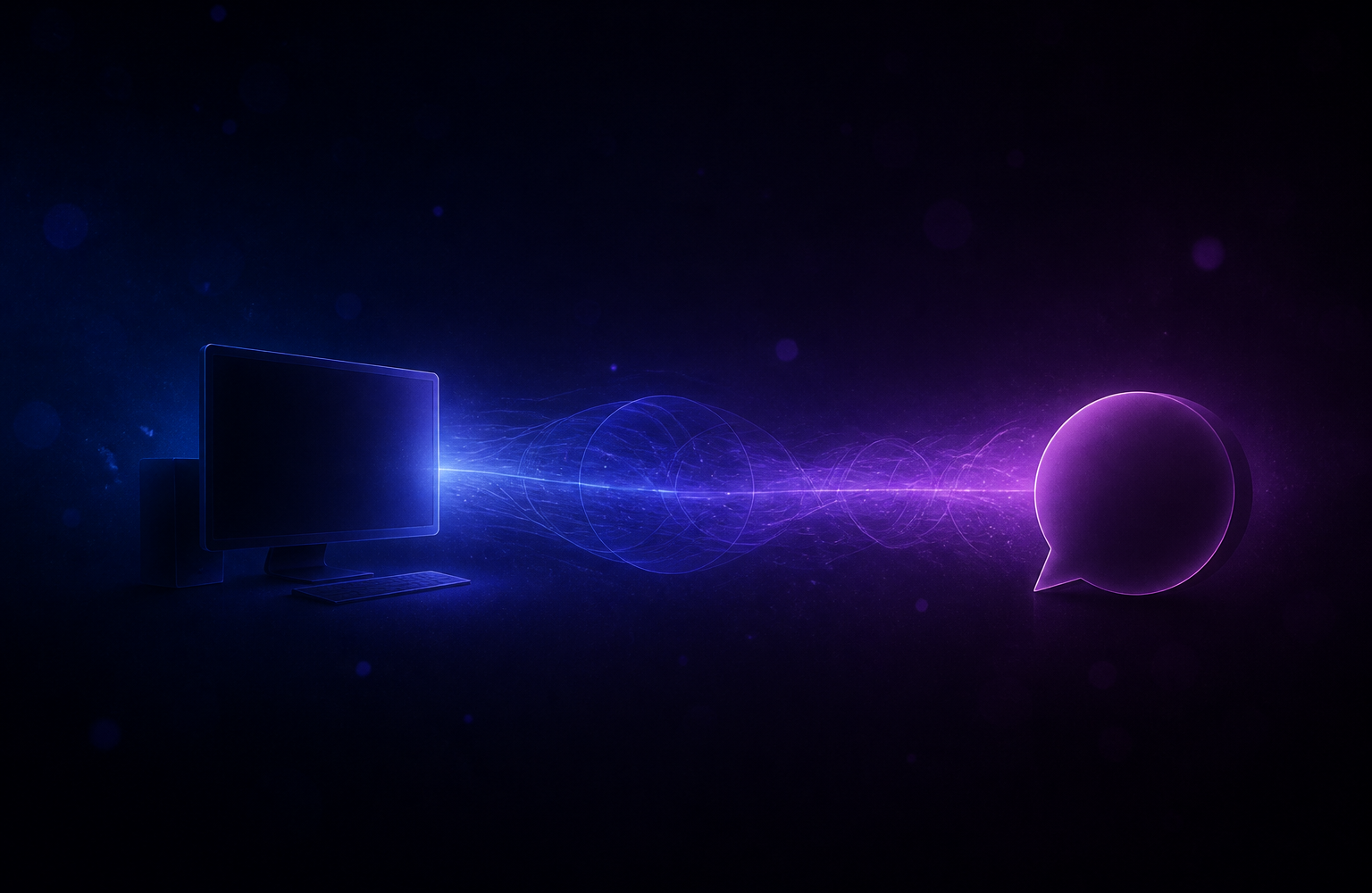 Glowing secure tunnel linking a desktop with a WhatsApp conversation, on a dark indigo-to-violet gradient