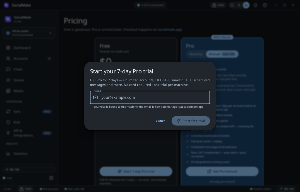 One dialog, one field — enter an email and your 7-day Pro trial starts.