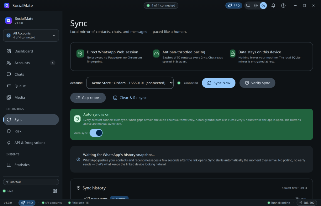 The Sync page reports gaps and coverage so you can see what's missing.