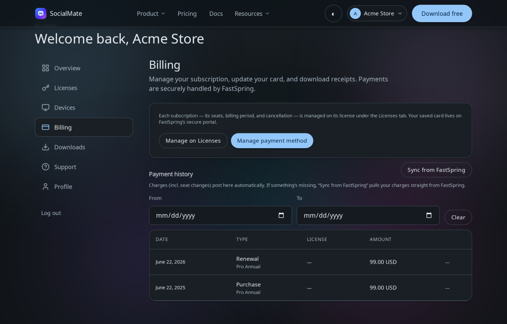 Your account: license cards with seats and renewal, plus full payment history.