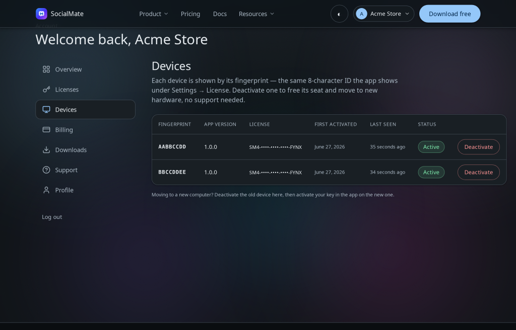 Deactivate the old device first, then activate on the new one.