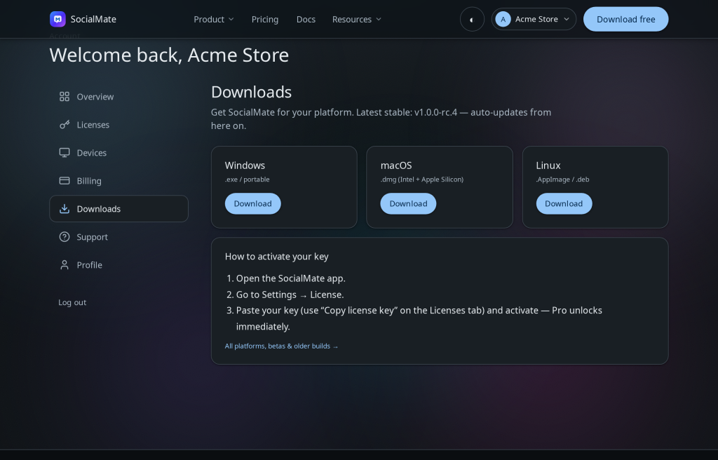 The download center — current installers for Windows, macOS, and Linux.