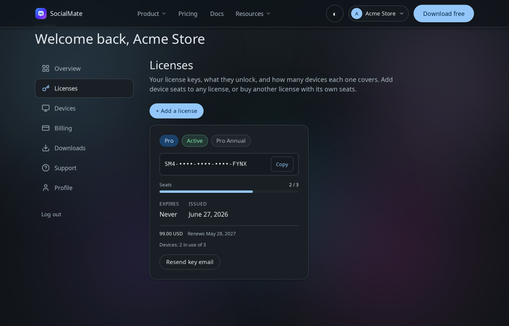 The Licenses tab — copy your key or resend the email.