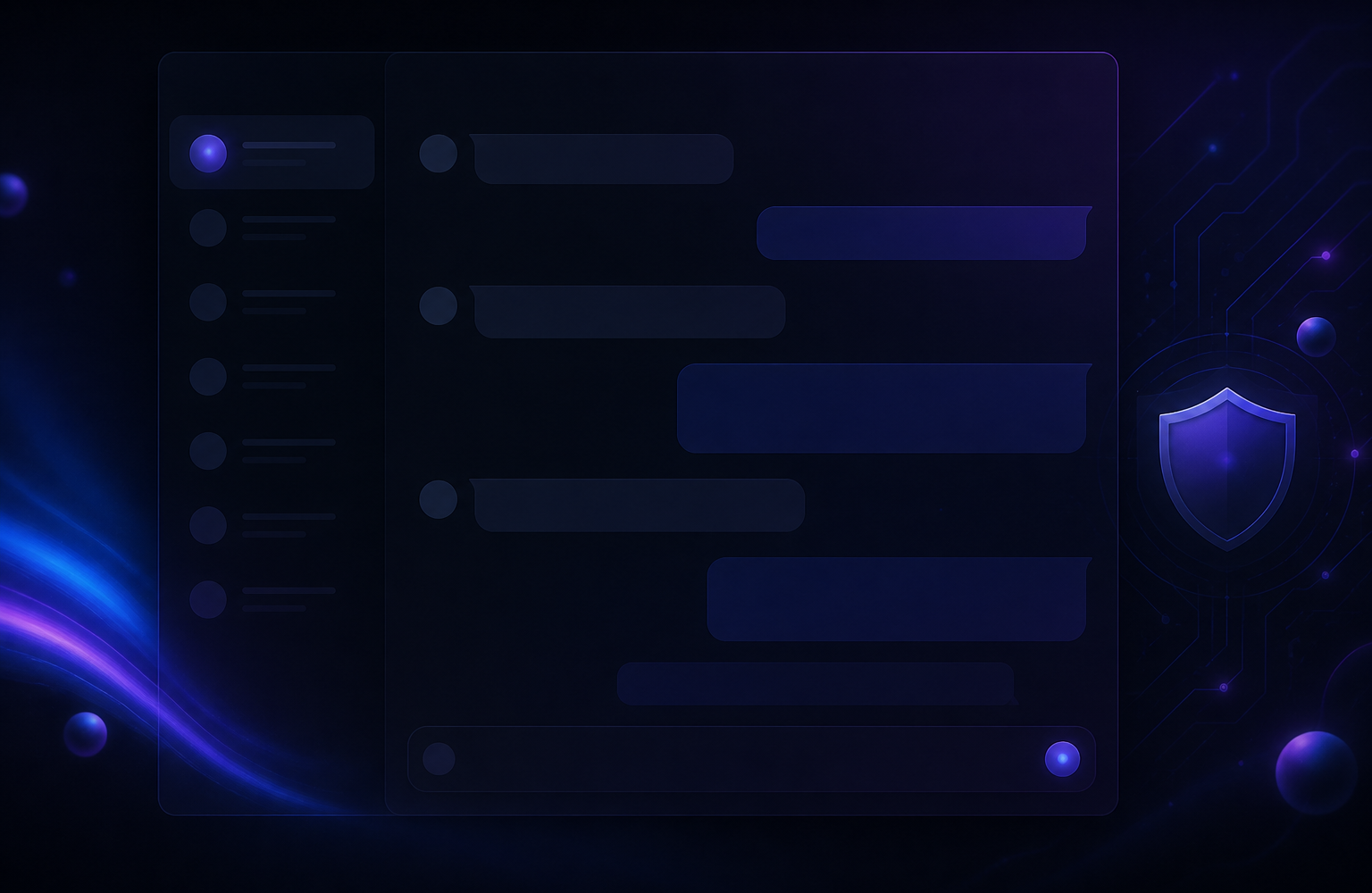 Abstract dark dashboard with a WhatsApp chat panel and a subtle security shield, representing self-hosted WhatsApp automation