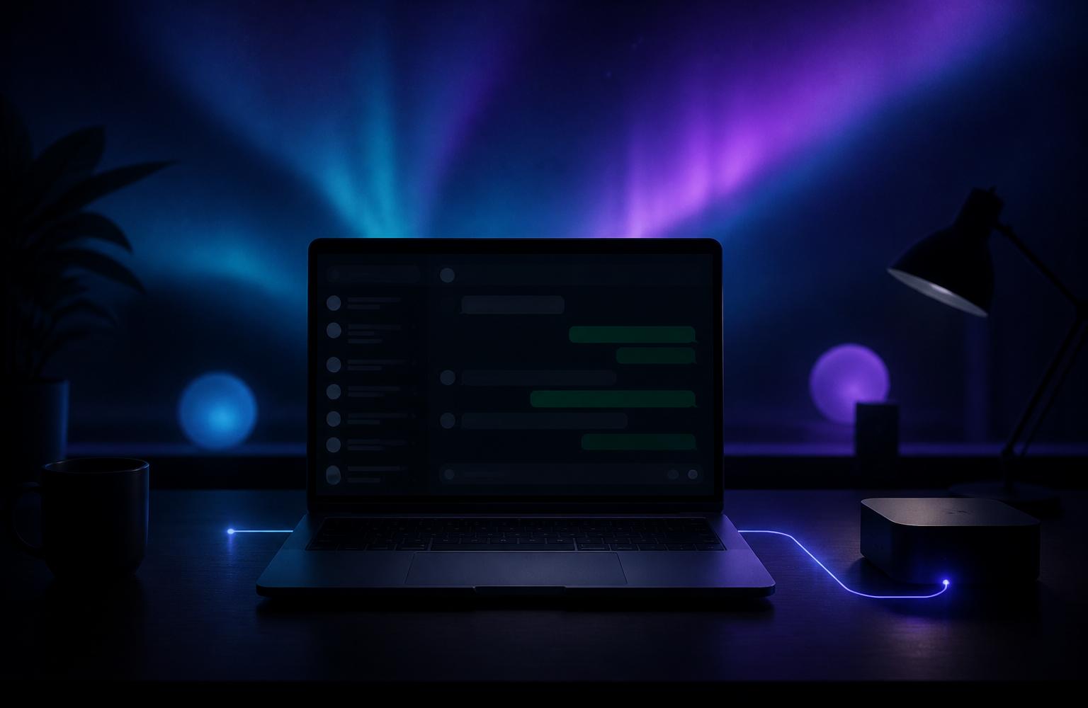 Laptop running local WhatsApp automation in a dark workspace, with a local network line staying inside the machine