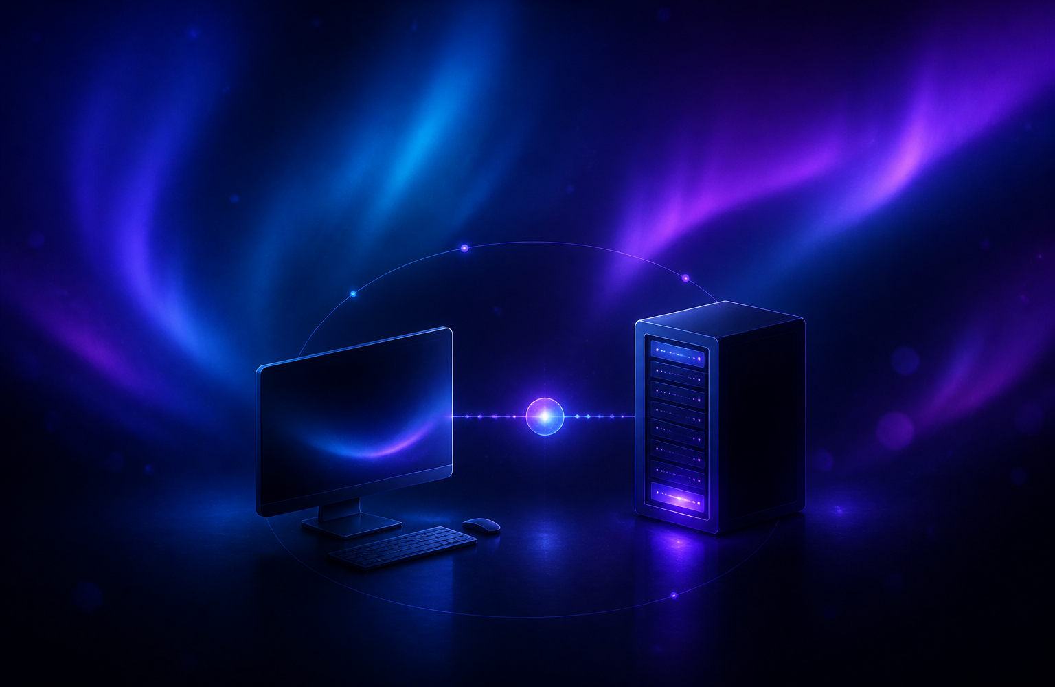 Abstract desktop and server nodes connected to a WhatsApp chat bubble