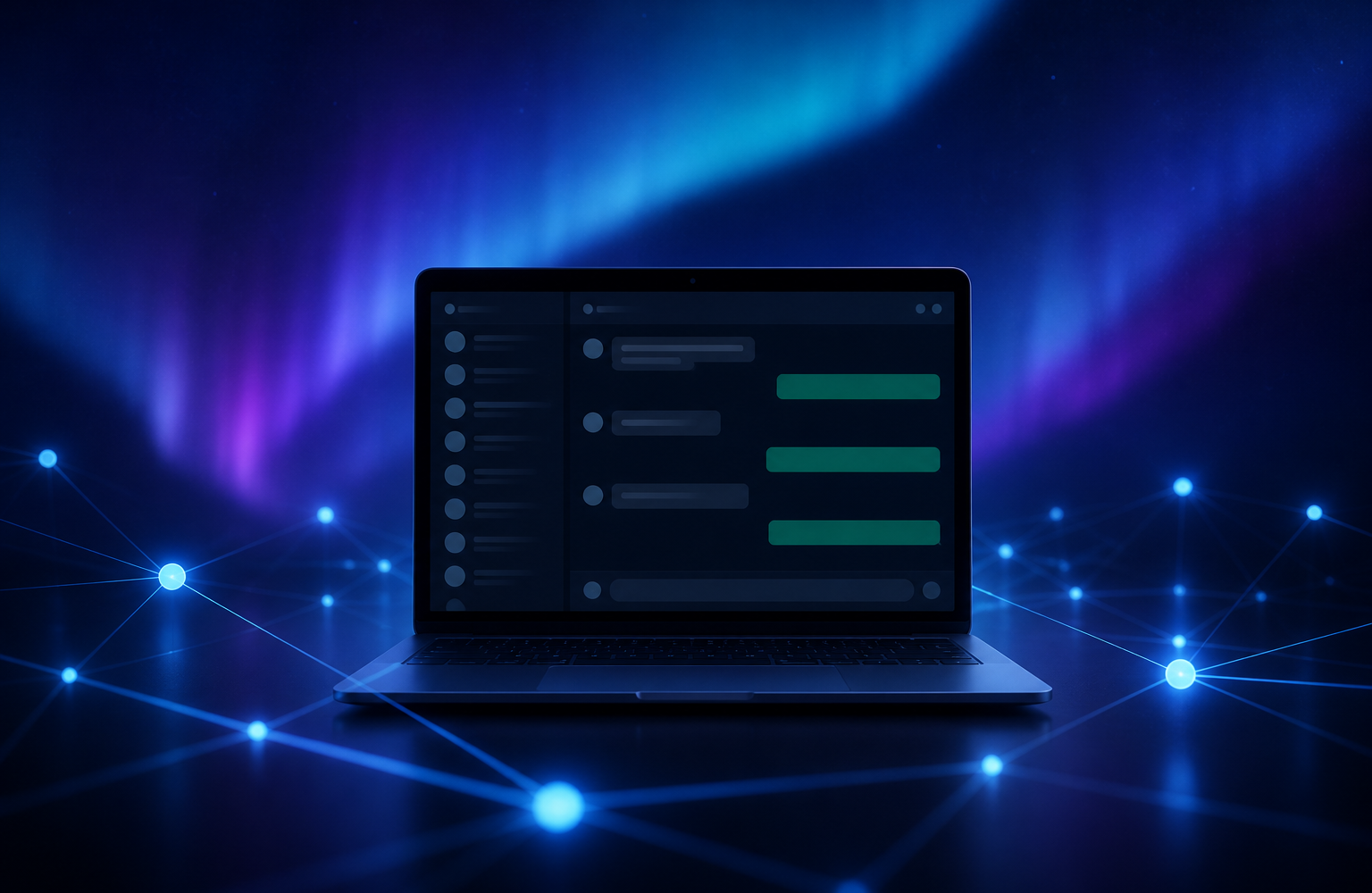 Laptop running self-hosted WhatsApp automation with local data connections on a dark aurora background
