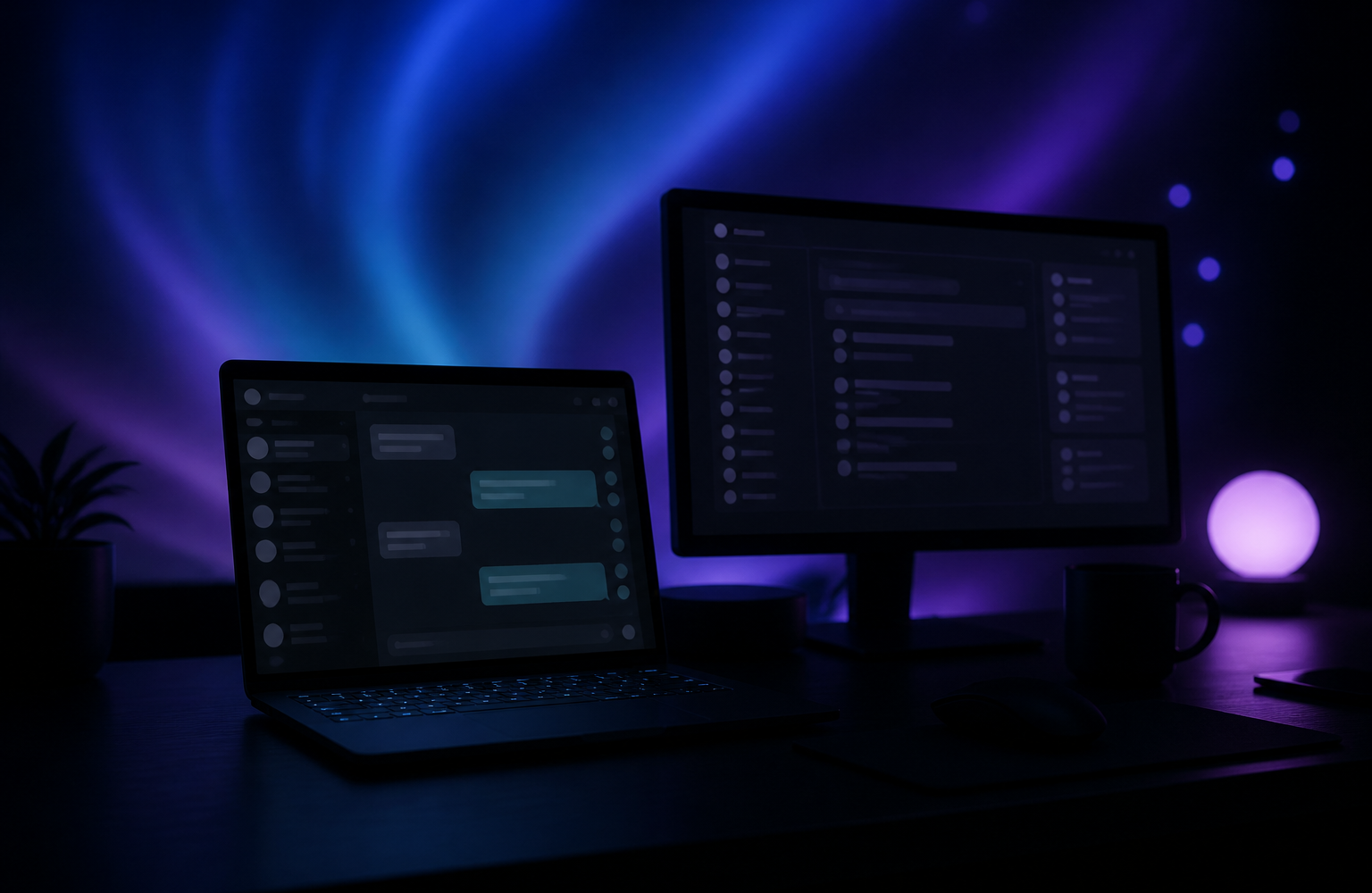 Laptop on a dark desk displaying a WhatsApp conversation panel and a local server admin console, lit by blue and purple