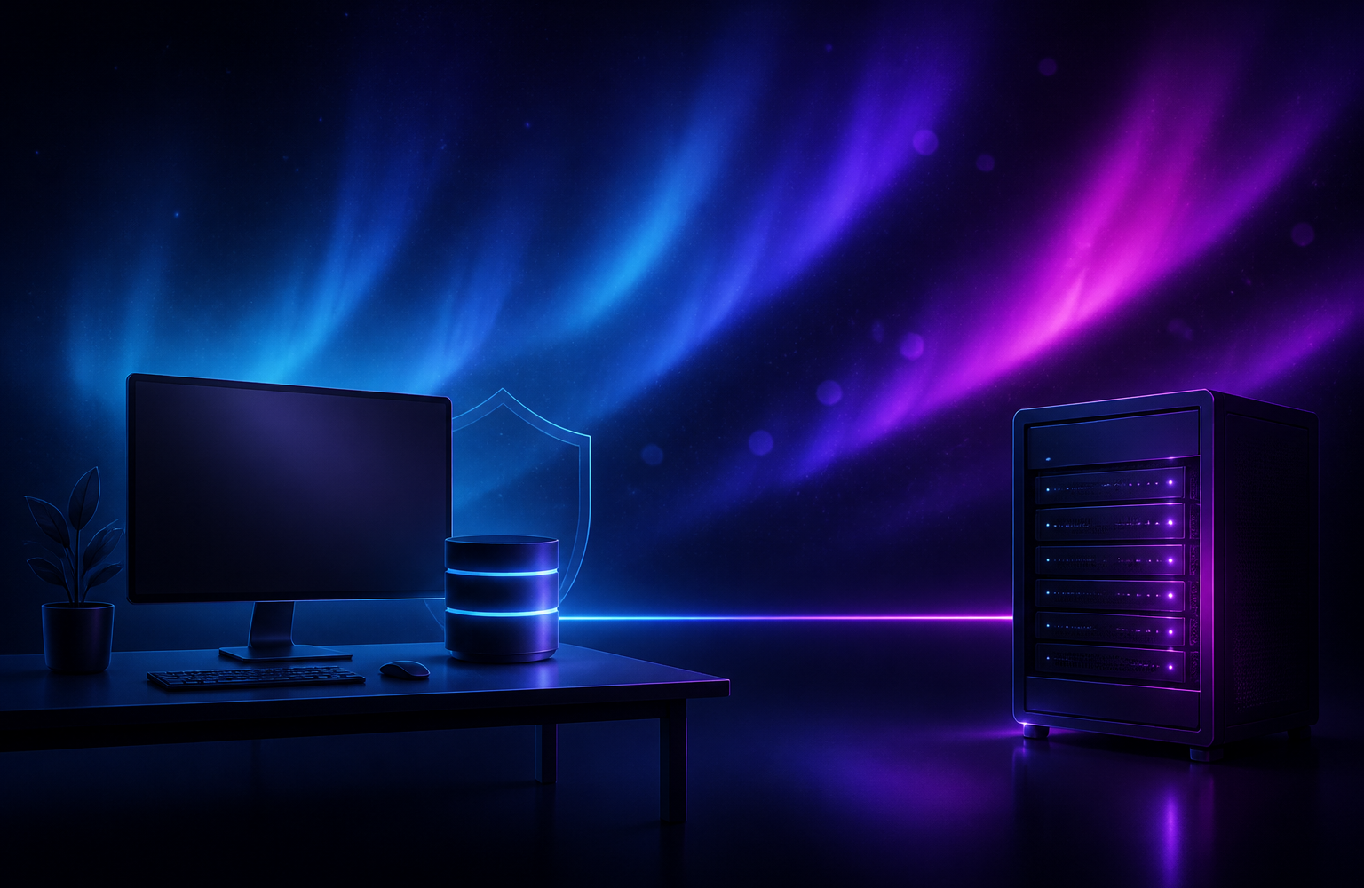 Desktop computer and local server node connected by a glowing line, representing self-hosted WhatsApp automation