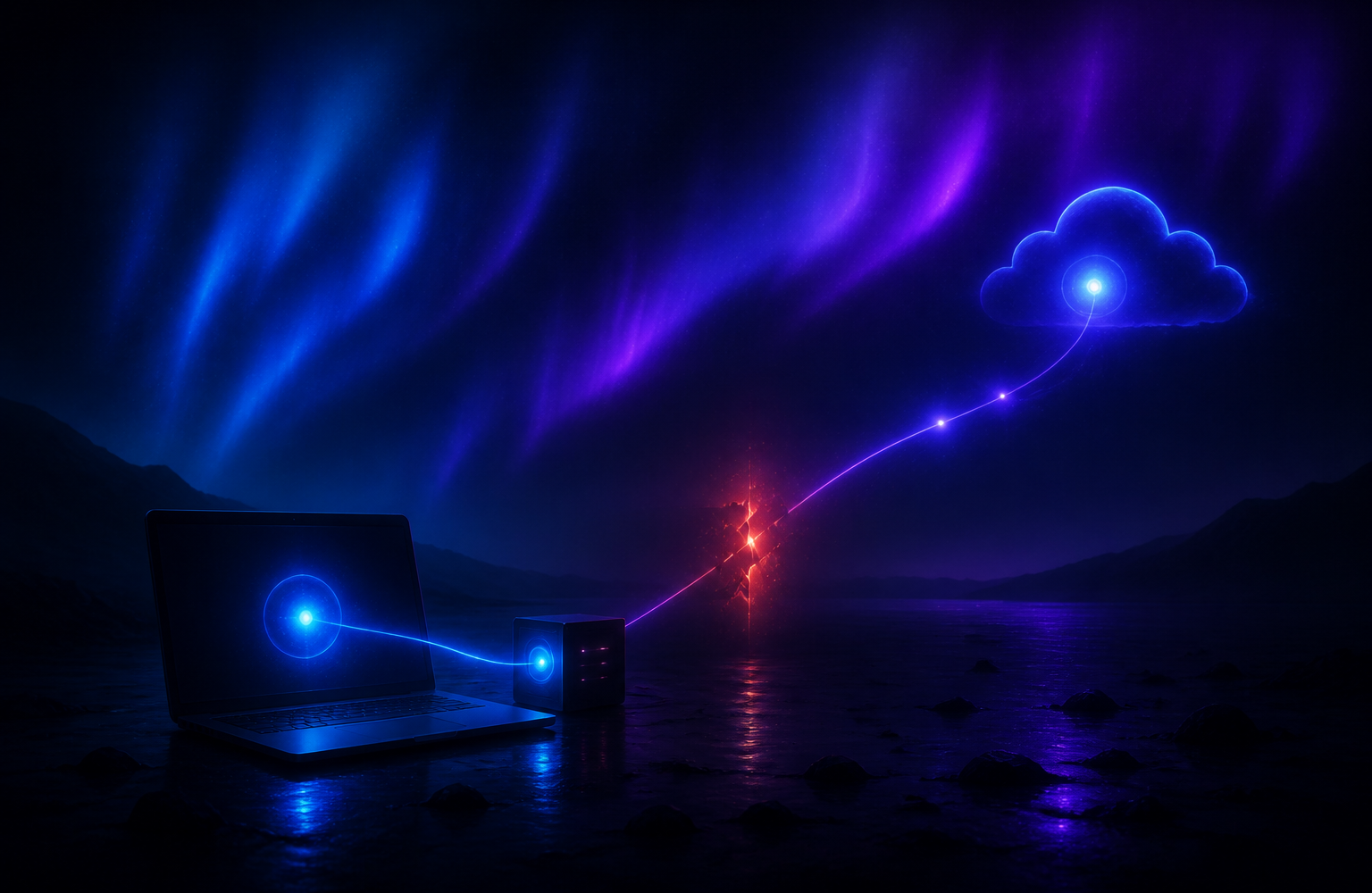 A laptop with a glowing local server port and a broken cloud tunnel connection between the cloud and the laptop