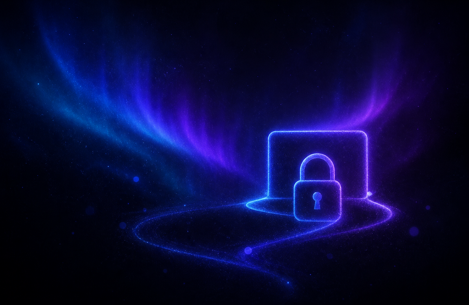 A glowing search trace resolving into a local device outline and padlock shape over a dark blue-purple aurora background