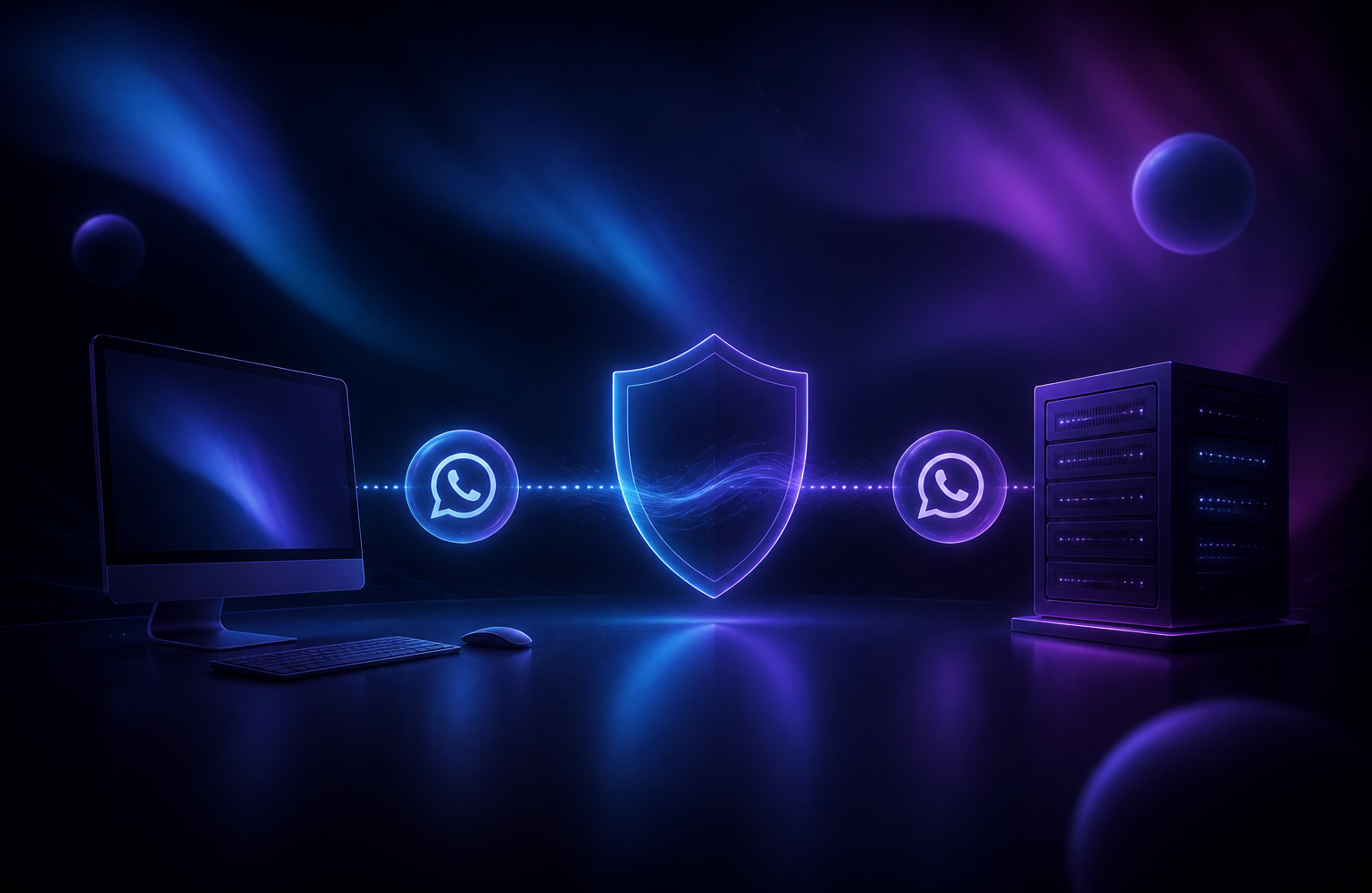 Abstract dark aurora depicting a desktop and server connecting to a WhatsApp message flow