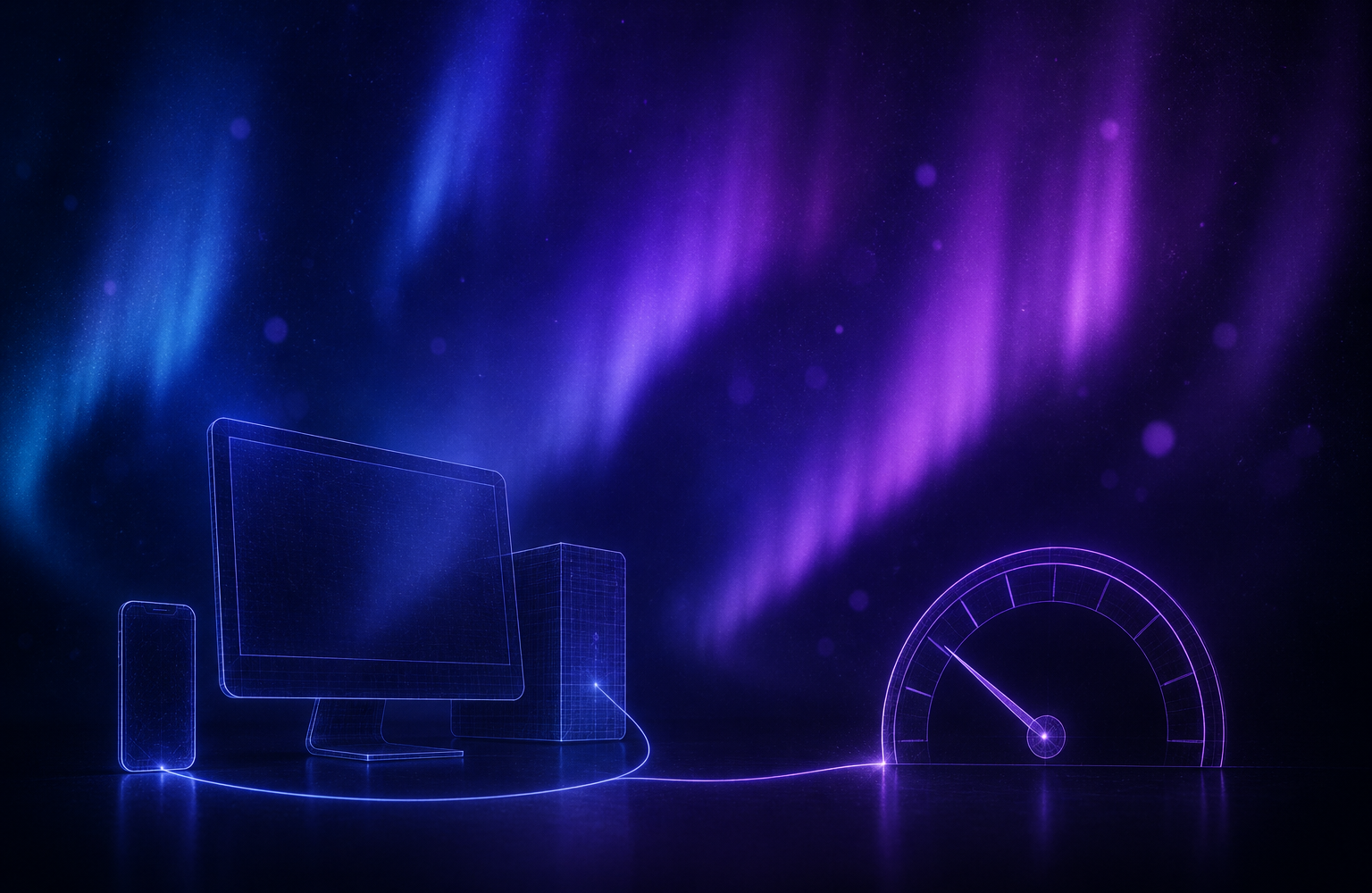 Dark indigo and purple scene of a local desktop and phone connected by glowing line beside an empty meter gauge
