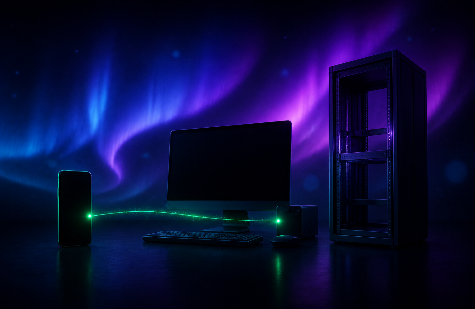A desktop computer and a phone on a dark gradient background, connected by a green data pulse moving locally between the two