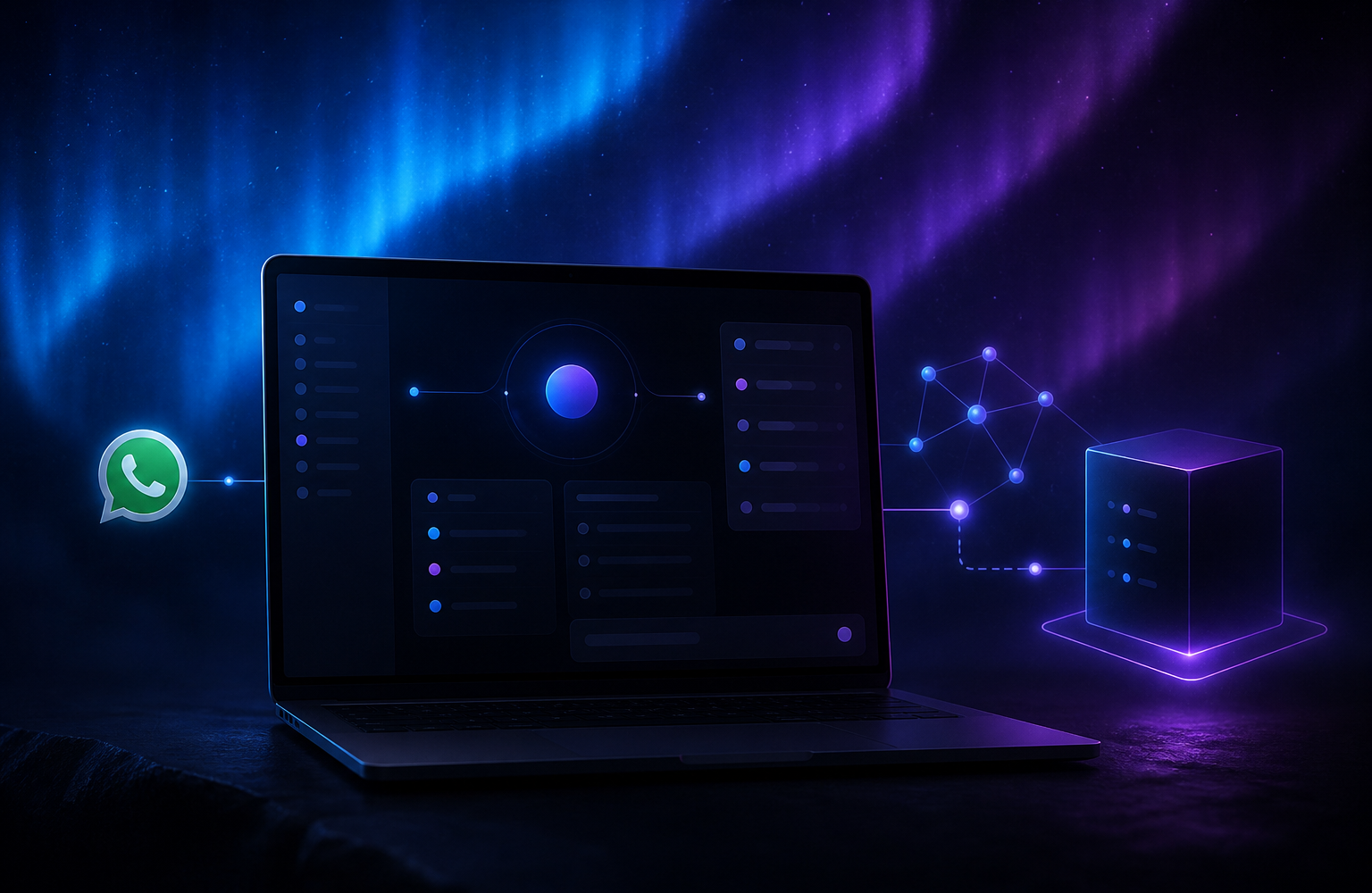 Laptop screen showing a local WhatsApp AI agent control panel connected to a self-hosted server, dark blue and purple tones