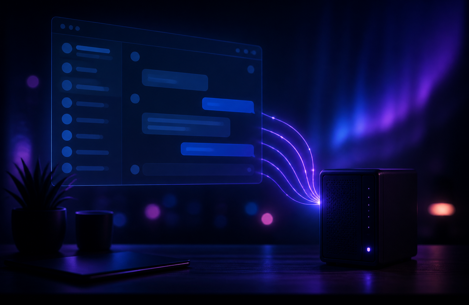 Glowing blue and purple network lines connecting a local server box to an abstract WhatsApp chat window on a dark screen