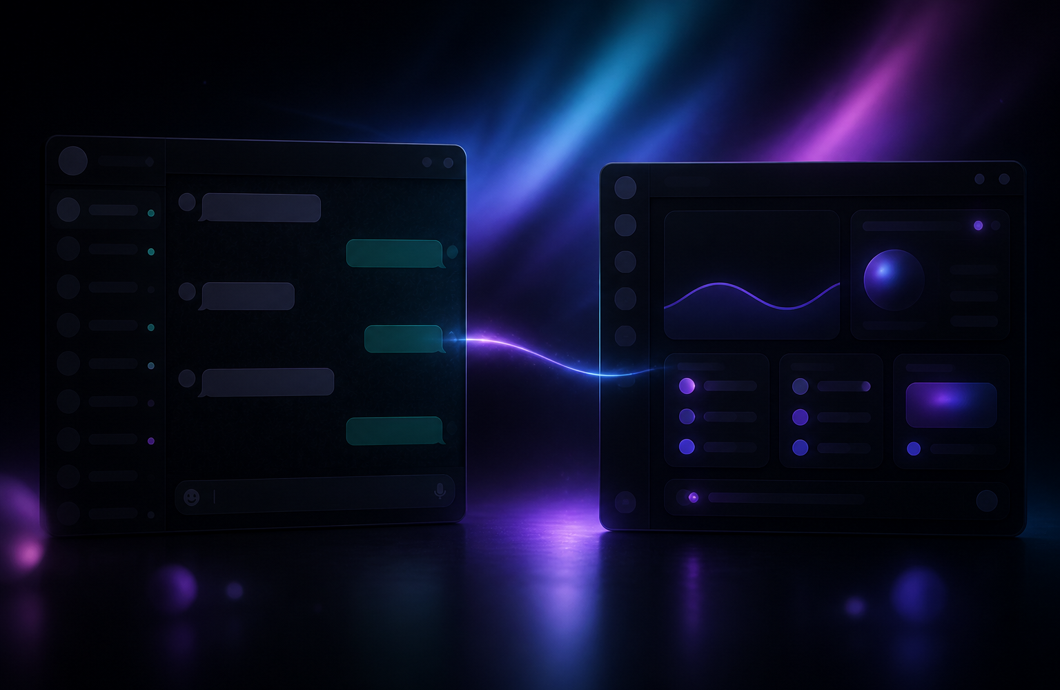 A dark desktop with a WhatsApp chat window beside a local automation dashboard, connected by a glowing line