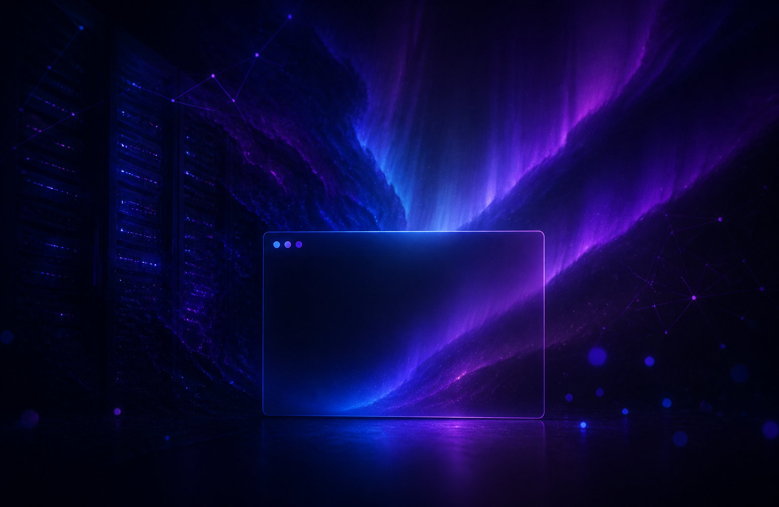 Dark abstract illustration of a desktop app and server connected by blue and purple light, representing self-hosted WhatsApp