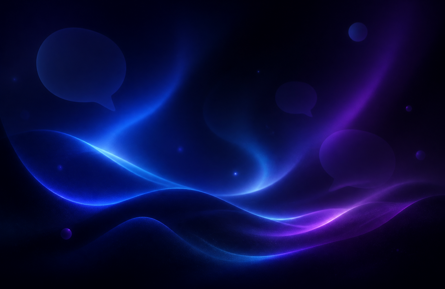 Dark interface with flowing blue and purple waves and abstract message bubble shapes
