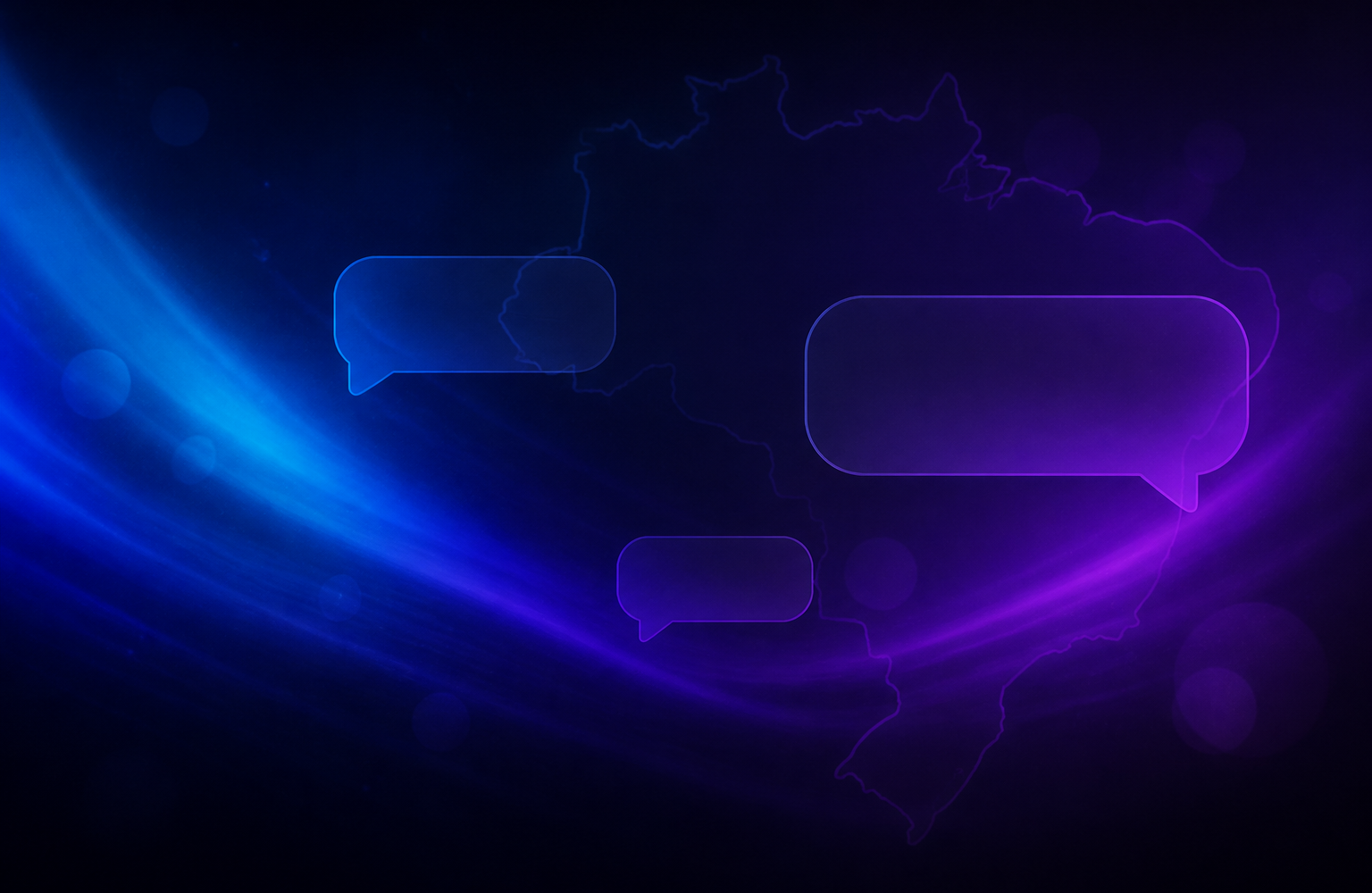 Abstract chat bubbles over a faint Brazil map silhouette with dark blue and purple lighting