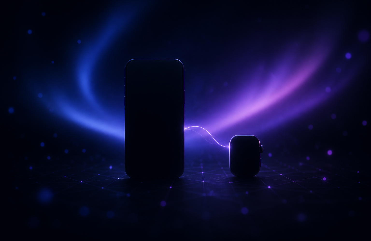 A glowing phone linked to a second device on a dark indigo field, suggesting self-hosted WhatsApp automation on your own