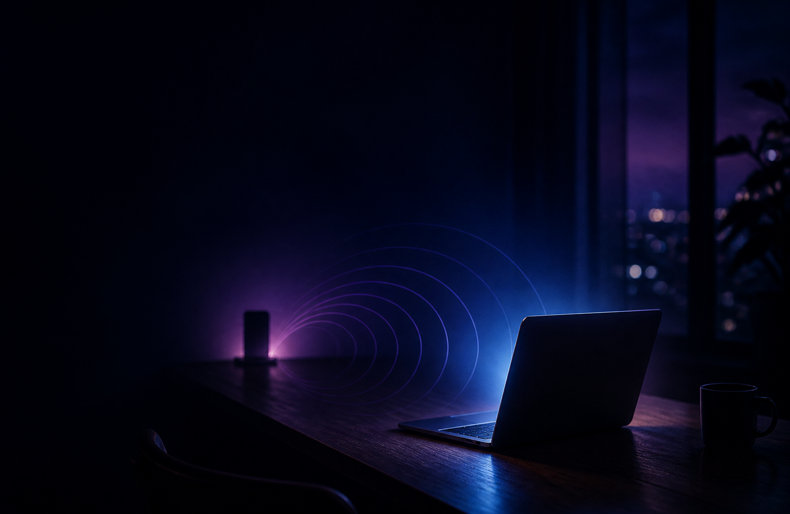 A dimly lit desk at night with a glowing laptop and faint signal rings reaching toward a distant phone