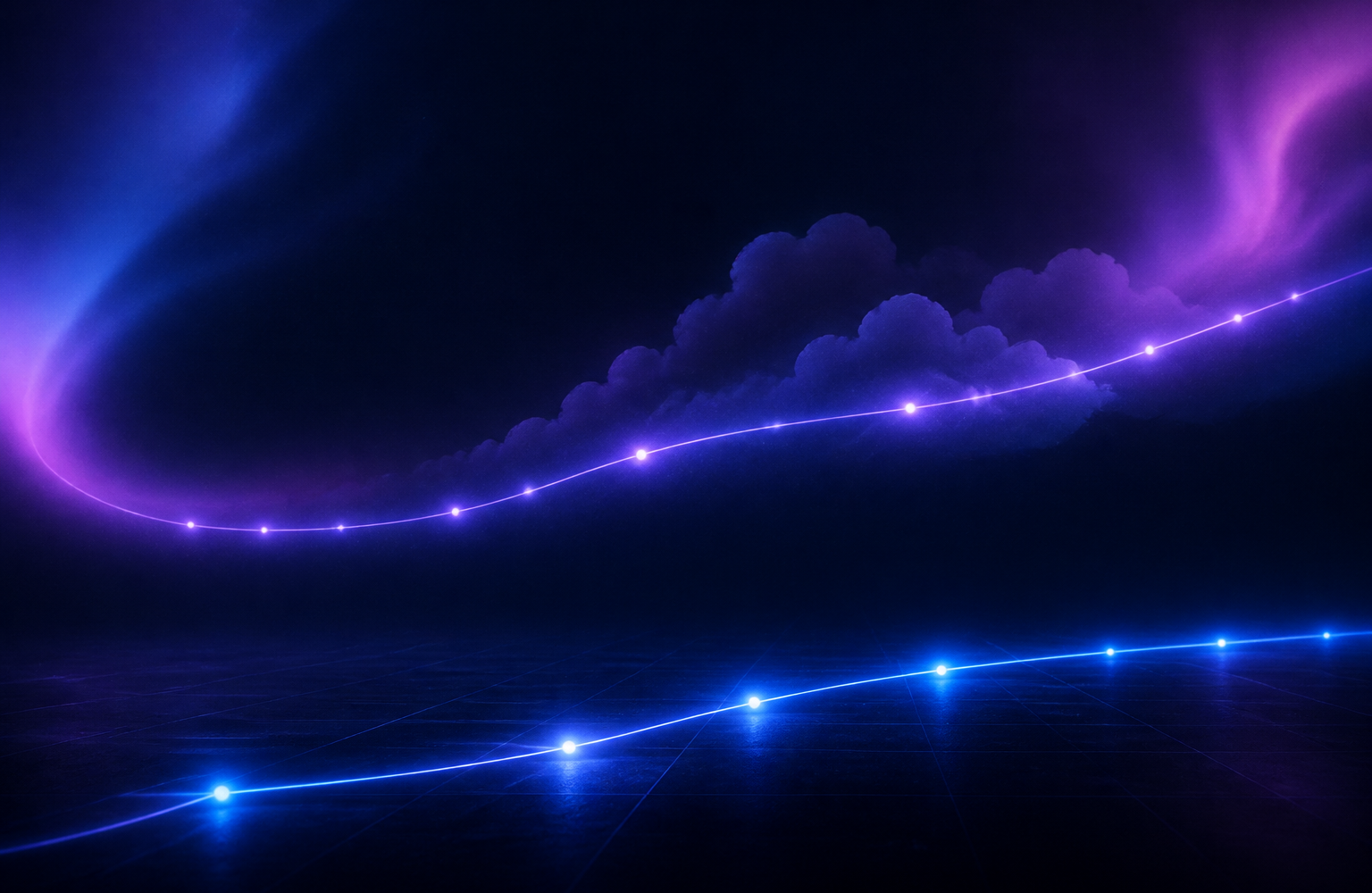 Two parallel paths of light crossing a dark blue field, one passing through soft haze and one staying grounded