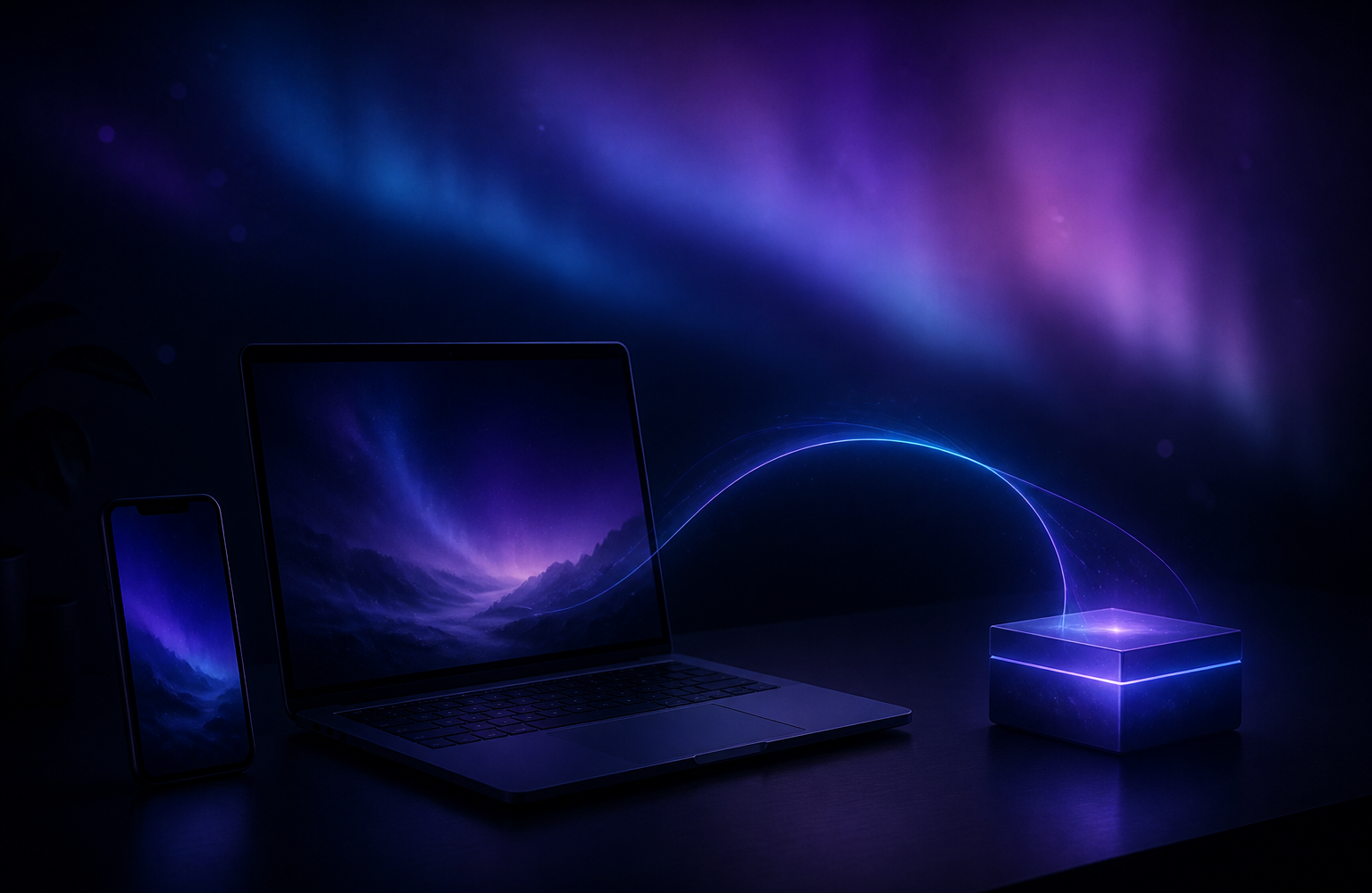 Dark desk at night: a laptop and phone linked by a soft blue-violet arc of light, with a small glowing box beside the laptop