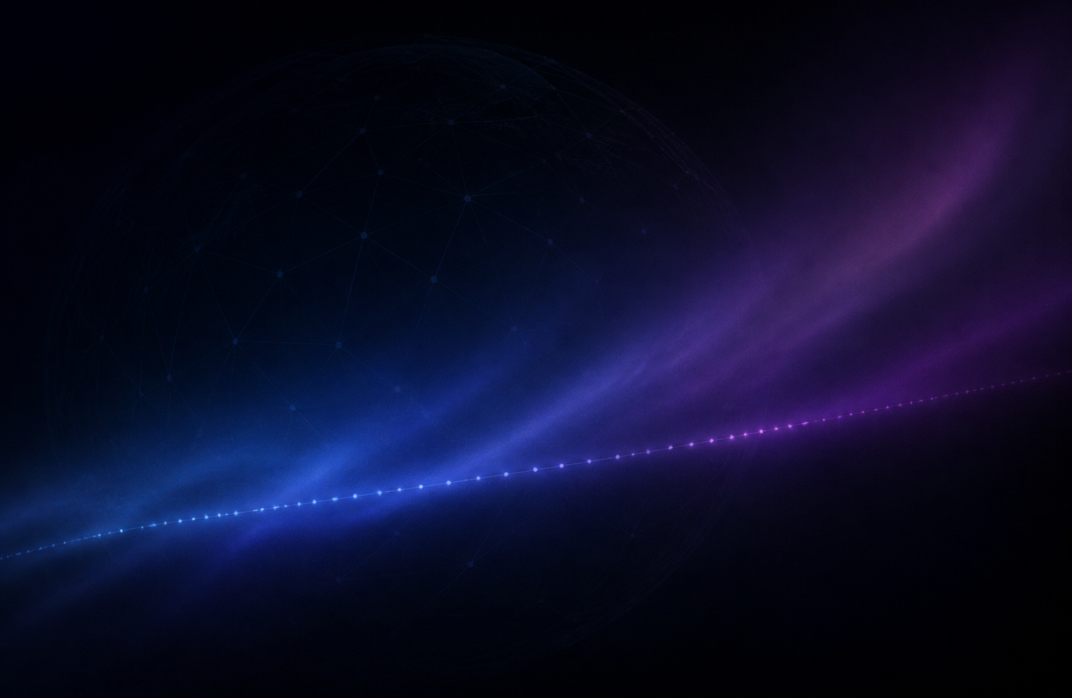 An evenly spaced line of small dots curving across a faint globe outline on a dark background with a soft purple glow