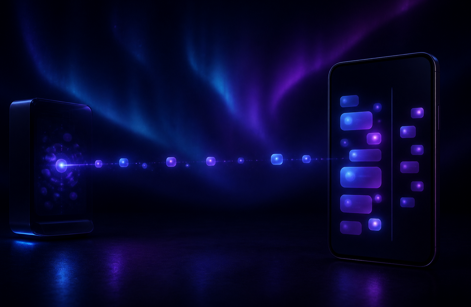 A desktop sending paced message nodes toward a phone, where a divided cluster of cards sits apart from the main thread