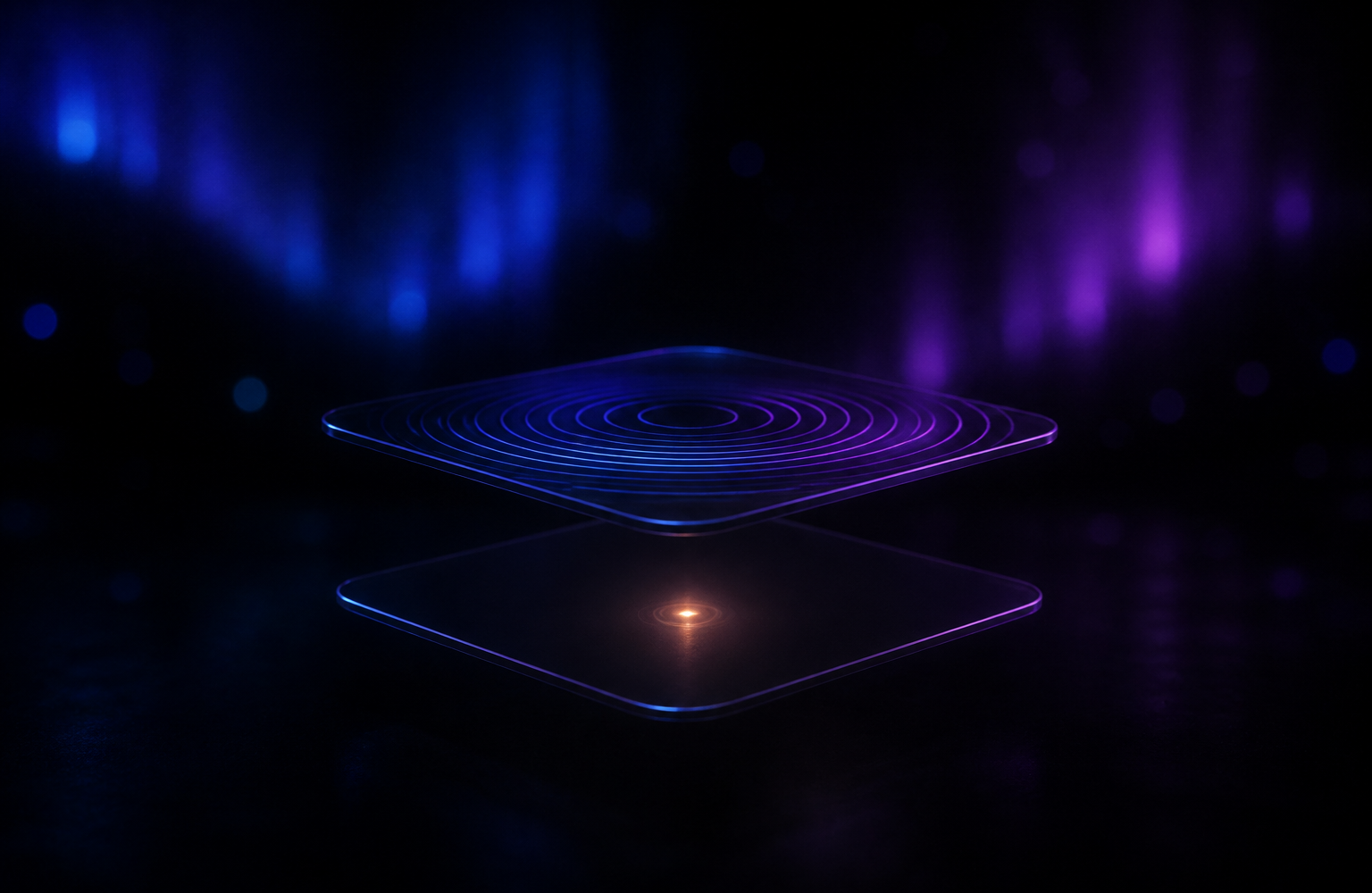 Two stacked translucent panels against black: the upper ringed by even light bands, the lower holding one small warm light