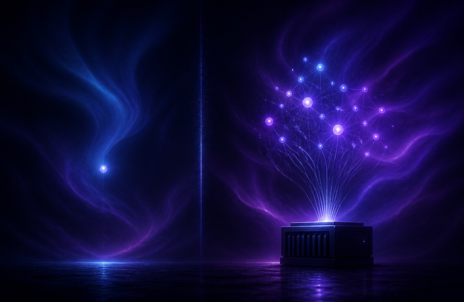 Two glowing node clusters, one small and one large, with light paths descending from the larger into a solid block below